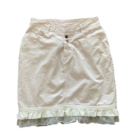 80s 90s retro pink ruffle blue jean miniskirt - Picture 1 of 7